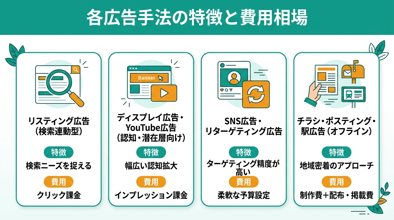 各広告手法の特徴と費用相場
