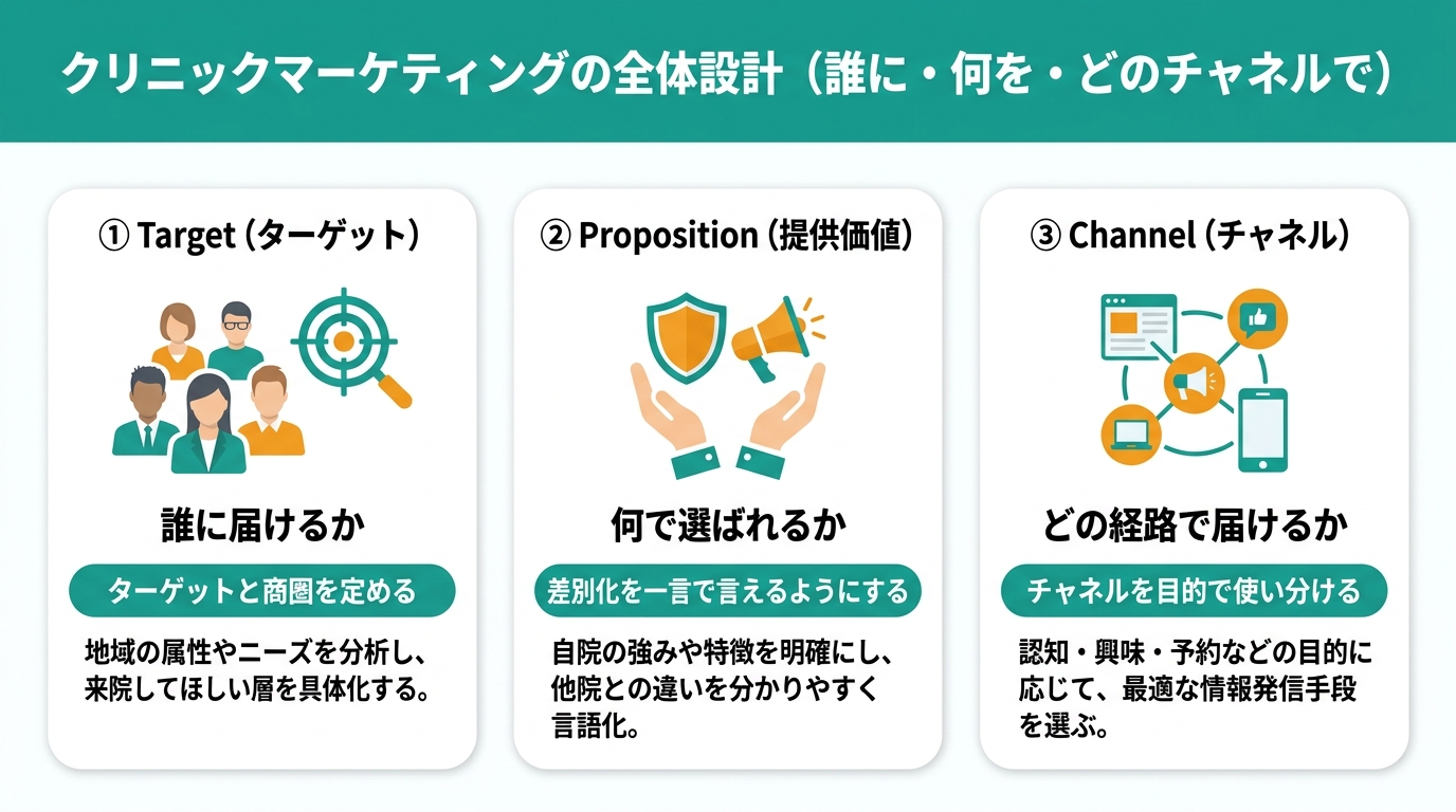 クリニックマーケティングの全体設計（誰に・何を・どのチャネルで）